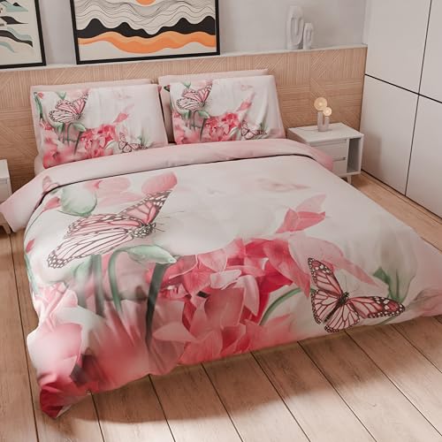 PETTI Artigiani Italiani - Single Duvet Cover Set 200 x 135 cm (1 Pillowcase 80 x 80 cm Included), Microfibre Duvet Cover Set with Digital Print Roses Butterfly - Made in Italy