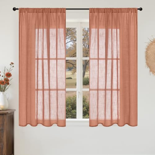 BGment Terracotta Linen Curtains 54 Inch Length for Short Living Room, Semi Sheer Drapes Boho Rustic Textured for Farmhouse Bedroom Decor with Rod Pocket Lightweight, 2 Panels Set, Each 42 Inch Wide