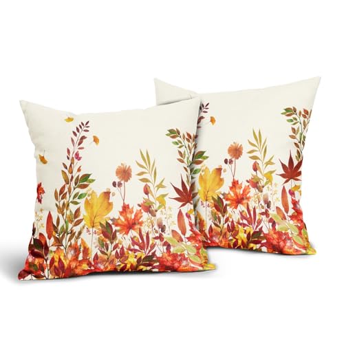 Fall Leaf and Flower Pillowcase Set of 2 Fall Burnt Orange Maple Leaves Throw Pillows Square 18x18 Inch Autumn Thinksgiving Pillow Cushion Covers Farmhouse Decor for Home Room Bed Couch Sofa Outdoor