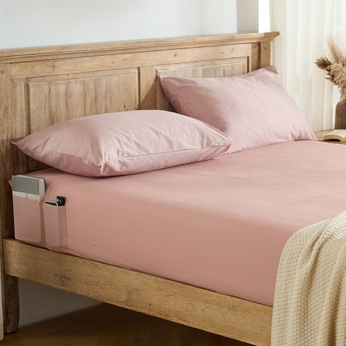Entisn Pure Cotton Fitted Sheet, Side Pockets, Twin (Dusty Pink) - 400 Thread Count, 16-Inch Deep Pocket, Breathable Cotton, Side Storage Pockets, Machine Washable