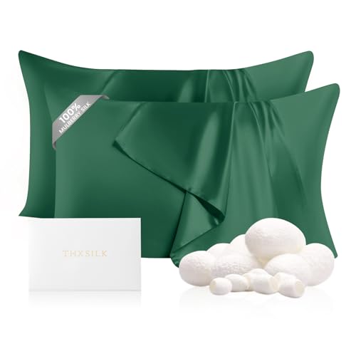 "THXSILK 2 Pack 100% Mulberry Silk Pillowcase for Hair and Skin Health, Hidden Zipper, 22 Momme, Both Sides Smooth, Breathable and Natural, Sleep Pillow Cases (Standard 20""x26"", Emerald Green)"