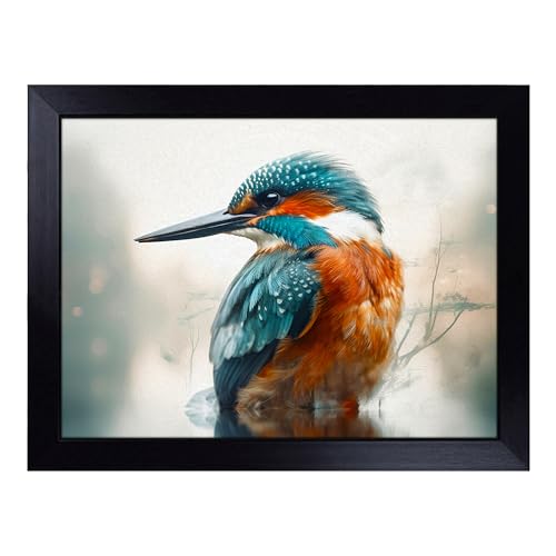 Lap Tray with Bean Bag Cushion, Kingfisher Double Exposure - Handmade in the UK, Raised Wooden Edge, Padded Cushion, Heat-Resistant Wipe-Clean Surface, for Meals, Laptops and Crafts