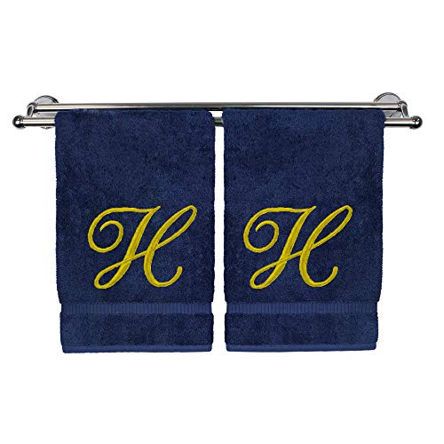 Monogrammed Hand Towel, Personalized Gift, 16 x 30 Inches - Set of 2 - Gold Embroidered Towel - Extra Absorbent 100% Turkish Cotton - Soft Terry Finish - For Bathroom, Kitchen and Spa - Script H Navy