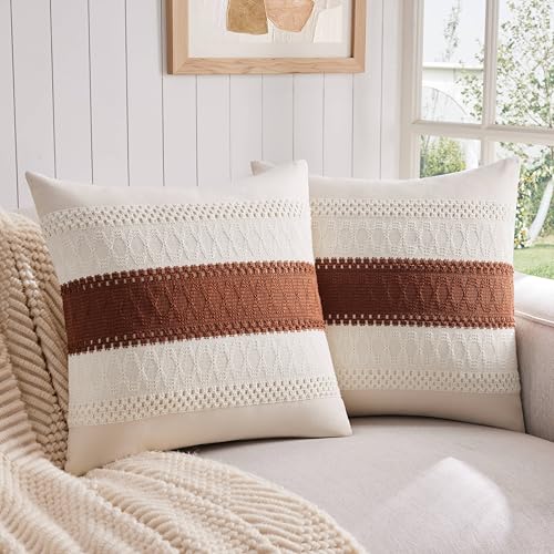 ZeeMart 2 Pack Boho Throw Pillow Covers, Contrast Terracota 16x16in - Soft Breathable Cotton, Farmhouse Decorative Couch Pillow Cases, Cushion Covers for Sofa Bed Living Room Home Decor