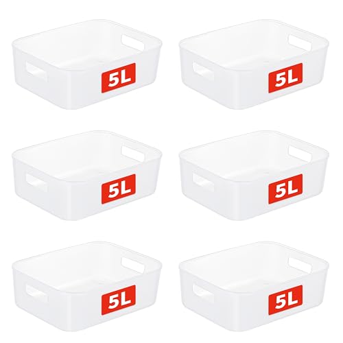 Cetomo 5L*6 Storage Basket, Plastic Open Storage Box, Containers for Shelves, Organizers with Handles for Office, Countertops, Cabinets, PP, BPA Free, Frosted Transparent, 5L-6 Pack (28.5*22*9cm)