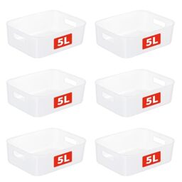 Cetomo 5L*6 Storage Basket, Plastic Open Storage Box, Containers for Shelves, Organizers with Handles for Office, Countertops, Cabinets, PP, BPA Free, Frosted Transparent, 5L-6 Pack (28.5*22*9cm)