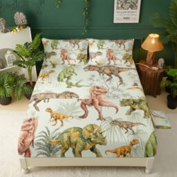 "QOOMO Teal Dinosaur Sheet Sets Full Size 4 Piece, Trippy Dino Sheets for Boys Kids Teens with 2 Pillowcases and 16"" Deep Pocket, T-rex Bedding Set Microfiber Ultra Soft Skin Friendly"