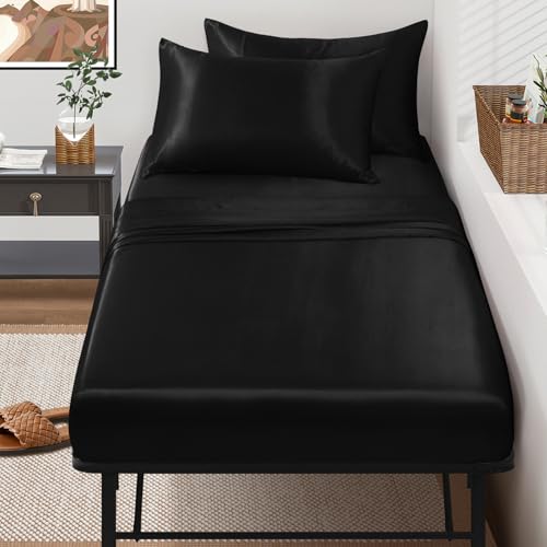 "SiinvdaBZX 4-Piece Cot Sheet Set 31"" x 75"", Black Satin Cot Size Sheets Silky Soft Rv Bunk Bed Sheets for Narrow Twin/Camp Bunk/Guest Beds/Army Cots/Trifold Mattress"