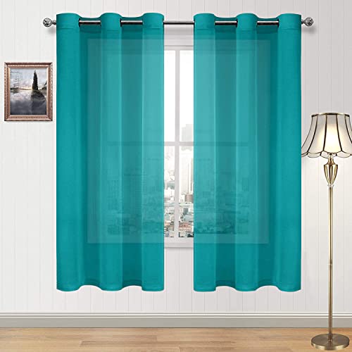 DWCN Semi Sheer Curtains, Grommet Top Window Drapes for Bedroom & Living Room, Faux Linen Look Voile Transparent Solid Curtains Set of 2 Panels, 46 x 63 Inches, Turquoise
