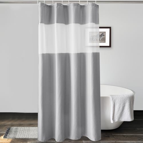 UFRIDAY Grey Waffle Weave Fabric Shower Curtain with Mesh Window Stall Shower Curtain, Heavy Duty Bathroom Curtain with White Pique Pattern, Spa-Like Hotel Luxury, Water-Repellent
