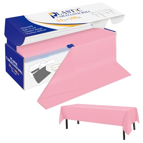YSYJ Plastic Table Cover Roll Pink Disposable Table Cloth 54 in x 100 Ft, Plastic Table Cloths with Slide Cutter, Table Cover for Parties