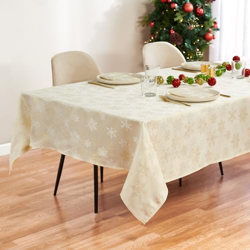 Kadut Christmas Tablecloth, White & Gold Snowflake Table Cloth, Metallic Fabric Tablecloth. Elevate Your Dining Decor for a Stunning Holiday Experience. (60 x 84 Inch) for 5 Foot Rectangle Tables.