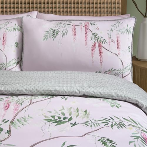SOIREE - Luxury Pink Wisteria Duvet Cover - Super King Bedding Size (260 x 220cm) - Soft 100% Cotton Sateen - 200 Thread Count - 2x Pillowcases - Reversible (2 Designs) - Piped Edge - Pink Bedding