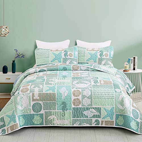 "DJY Green Quilt Set Queen Coastal Beach Theme Quilt Coverlet Set Soft Microfiber Reversible Bedspread with 2 Pillow Shams 3 Pieces Coastal Bedding Quilt for All Season 90""x96"""