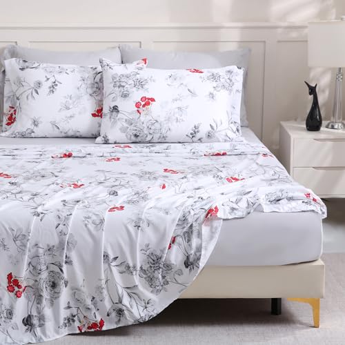 LONAVA Flower King Size 6 Pcs Sheet Set, Breathable Microfiber Deep Pocket White Fitted Sheets, Comfy & Breathable Patterned Flat Sheets,4 Gentle Soft Pillowcases, Gothic Rose