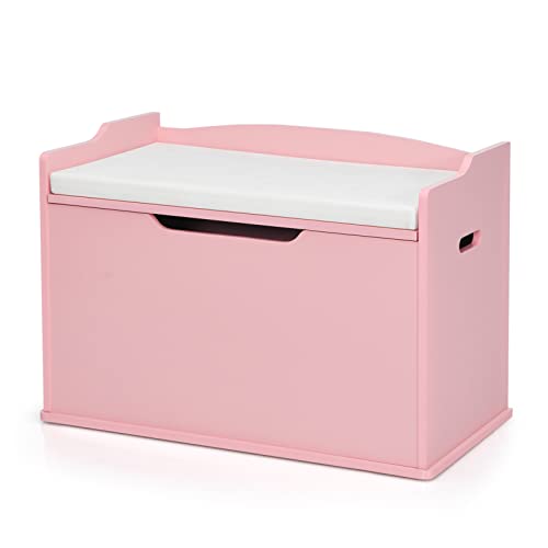 GYMAX Wooden Toy Box, 2 in 1 Kids Storage Chest with Lid, Seating Cushion, Safety Hinges & Groove Handle, Children White Bench for Boys Girls (Pink)