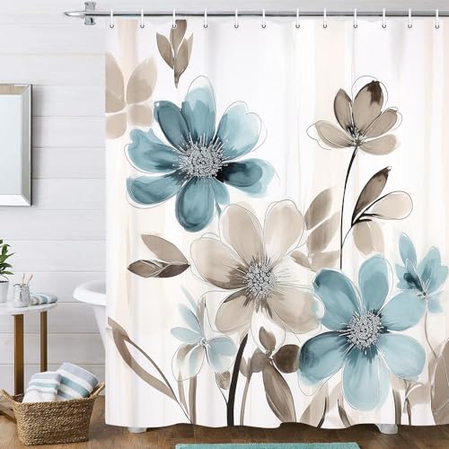 Torich Boho Floral Shower Curtain for Bathroom, Watercolor Ink Flower Plant Leaf Bath Curtains, Nature Scenery Romantic Waterproof Fabric Shower Curtain Sets 69x72in with Hooks