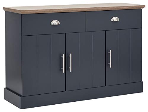 GFW Kendal Large Sideboard, Slate Blue and Oak Effect Storage Cabinet with 3 Doors and 2 Drawers, Country Style Living and Dining Room Furniture