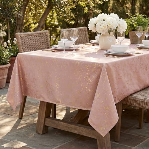 Horaldaily Pink Tablecloth 52x70 Inch Rectangular, Solid Rectangle Table Cloth with Golden Sequin, Thanksgiving Christmas Table Cover for Wedding, Party, Banquet, and Events