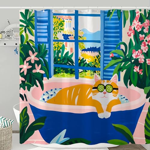 Kanuyee Artistic Cat Shower Curtain Set Floral Bathtub Scene Waterproof Bathroom Shower Curtain Vibrant Window Print Cheerful Home Decor 72x72 Inch