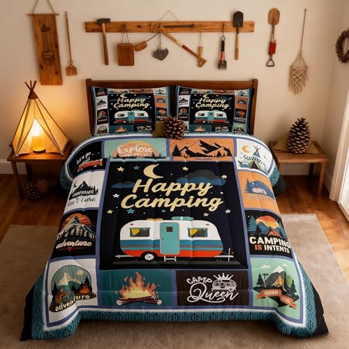 Manfei Camper Happy Camping Comforter Set Queen,Geometric Plaid Patchwork Bedding Set 3pcs for Kids Teens RV Traveler Room Decor,Outdoor Adventure Quilt Set,Rustic Duvet Insert with 2 Pillowcases
