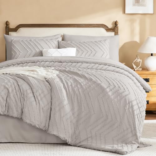 Litanika King Comforter Set with Sheets, 7 Pieces Boho Bed in a Bag - Deep Linen Grey Fluffy Lightweight Neutral Soft Warm Chevron Tufted Textured Bed Set