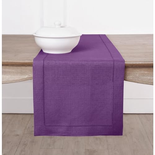 Solino Home 100% Pure Linen Dining Table Runner Purple Woven, 14 x 108 in - Classic Hemstitch Table Runners for dining, hallway and console table styling - hand hemstitched borders - OEKO-TEX Certified