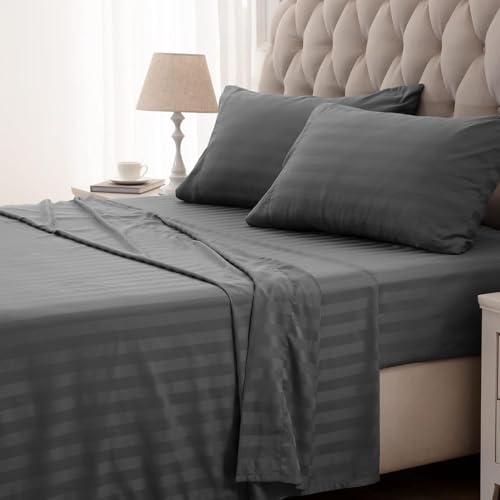 SLEEP ZONE Striped Cooling Twin Sheets Set for Kids - Fitted Flat Sheet & Pillowcase Sets 3 Piece - Super Soft Stripe Bed Sheet, Easy Care, Deep Pocket (Gray, Twin)