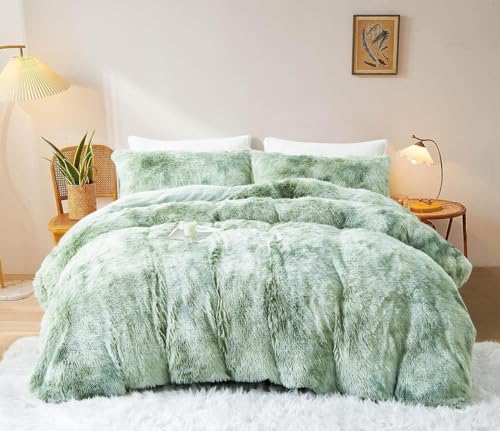 Sacebeleu Winter Bed Linen 135 x 200 cm Plush Long Hair Fluffy Flannel Flannelette Duvet Cover Green White Winter Bed Linen Colour Gradient Warm Duvet Cover and 1 Pillowcase 80 x 80 cm with Zip