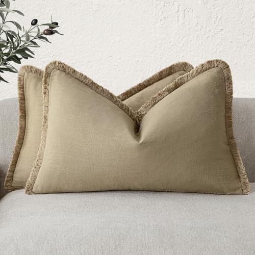 Foindtower Set of 2 Decorative Linen Throw Pillow Covers with Fringe, Lumbar Cushion Case with Tassels for Sofa, Couch, Bed, Living Room, Home Decor, 30 x 51 cm, Light Khaki Grey