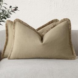 Foindtower Set of 2 Decorative Linen Throw Pillow Covers with Fringe, Lumbar Cushion Case with Tassels for Sofa, Couch, Bed, Living Room, Home Decor, 30 x 51 cm, Light Khaki Grey