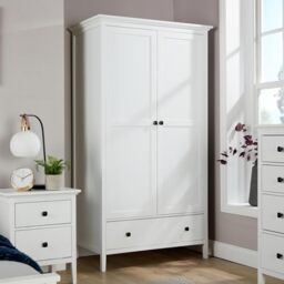Home Source Bedroom 2 Door 1 Drawer Wardrobe, Clothes Hanging Rail, Storage Shelf, White