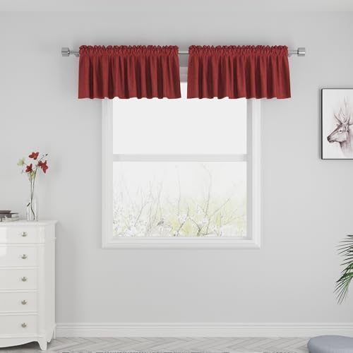 UPOPO Red Tier Curtains Linen Textured Kitchen Window Over Sink 16 inches Long Burgundy Short Small Cafe Curtains Privacy Caravan Bathroom Basement Half Window Curtain 2 Panels Rod Pocket