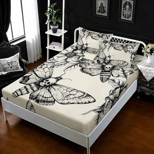 HOSIMA Death Moth Bedding Set for Girls Teen Boy Skull Decor Fitted Sheet Full Size Halloween Bedding,1 Fitted Sheet+2 Pillowcases.