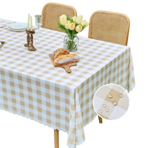 MANGATA CASA Tan Gingham Tablecloth for Rectangle Tables- Checkered Table Cloth Waterproof Kitchen & Table Linens-Polyester Buffalo Plaid Wrinkle Free Table Cover(Light Brown 60x102in)