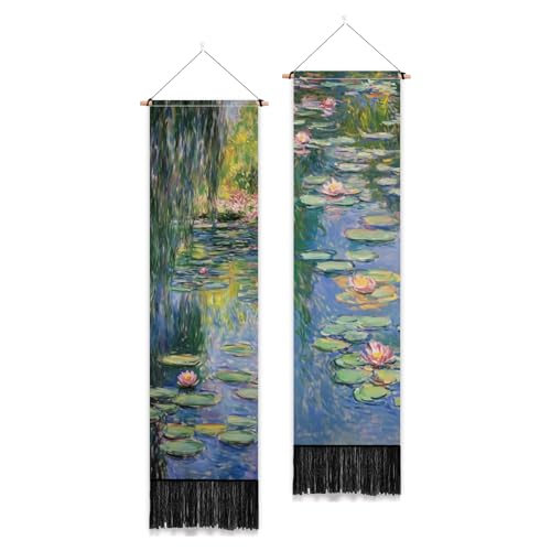 "PLIGREAT 2 Pack Oil Painting Tapestry with Tassels, Lotus Pond Art Wall Hanging Vertical Monet Style Home Wall Tapestry for Bedroom Living Room Long Narrow Decor, 52"" x 13"""