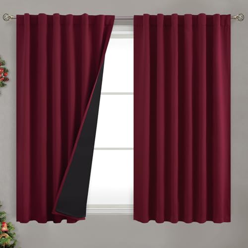 BGment Red Blackout Curtains 45 Inches Long with Thermal Insulation Liner, Christmas Blackout Curtains Rod Pocket Back Tab Room Darkening Window Curtain for Bedroom(52 x 45 Inch, 2 Panels, Burgundy)
