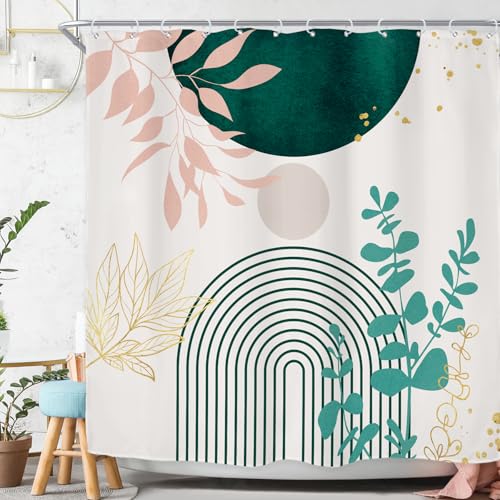 "Riyidecor Boho Shower Curtain for Bathroom, 72""W x 71.7""H, Modern Leaves, Contemporary Bohemian Arch, Printed Fabric, Polyester, Waterproof, 12 Plastic Hooks"
