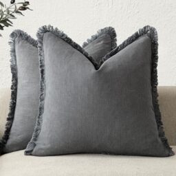 Foindtower Set of 2 Decorative Linen Fringe Throw Pillow Covers Cozy Boho Farmhouse Cushion Cover with Tassels Soft Accent Pillowcase for Couch Sofa Bed Living Room Home Decor, 26×26 Inch, Gray