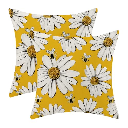 Sorktse Summer Pillow Covers 18x18 Inch Set of 2 Yellow Background White Floral Bee Throw Pillows Outdoor Decorative Spring Floral Bee Pillowcases Linen Cushion Cases for Bed Sofa Couch