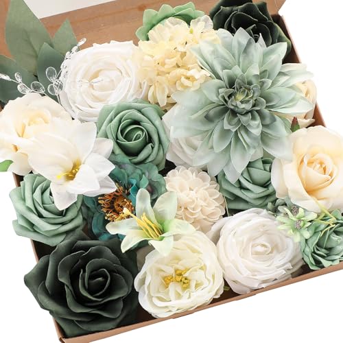 Floroom Sage Green Artificial Flowers Fake Roses Peonies Dahlia Greenery Combo Box Set for DIY Wedding Bouquets Bridal Shower Centerpieces Floral Arrangements Party Tables Home Decoration