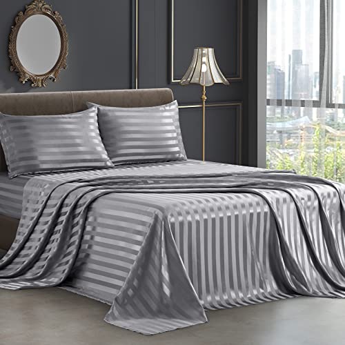 SiinvdaBZX 4Pcs Satin Sheets Stripe Printed Sheets, Italian Style Silky Soft Grey Satin Queen Bed Sheets with Deep Pocket, 1 Fitted Sheet, 1 Flat Sheet, 2 Envelope Closure Pillowcases