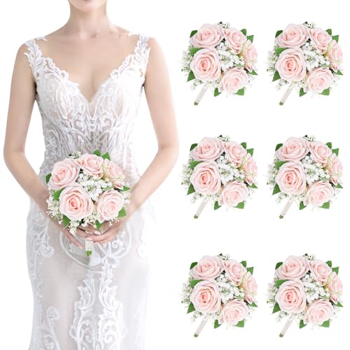 Artificial Bridesmaid Bouquets Set of 6-7 Inch Bridesmaid Flower Bouquet Peach Pink Rose Babys Beath Small Floral Bouquet for Wedding Holding Flowers,Bridal Shower Wedding Ceremony Anniversary