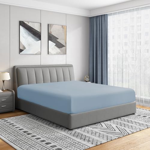 "Cathay Home Twin Fitted Sheet - Double Brushed Ultra Soft ??? Wrinkle & Fade Resistant - 16"" Deep Pocket Fitted Sheet Only - Good Fit for 14""-18"" Deep Mattress (Twin, Blue Fog)"