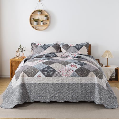 HoneiLife Quilt Set Queen Size - 3 Pieces Queen Quilt Bedding Set Microfiber Quilt Sets Lightweight Bedspreads Reversible Coverlets Retro Bed Cover Floral Bedding Set All Season Quilts-Grey
