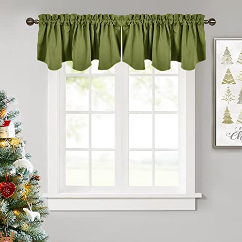 NICETOWN Window Treatment Farmhouse Valances - Blackout Tier Curtain 52 inches by 18 inches Scalloped Pole Pocket Valances for Home Window Treatment Decor/Bedroom/Kitchen, Olive (2-Packs)