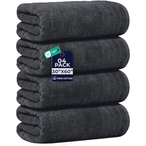 DAN RIVER Bath Towels Set of 4, 30 x 60 Inches, 100% Cotton, Larger & Lighter Weight, Quicker to Dry, Super Soft and Absorbent, Ideal Hotel Towels for Daily Use, Charcoal