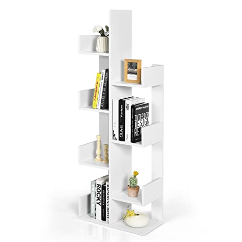 CASART 8-Tier Tree-Shaped Bookshelf, Freestanding Bookcase with Anti-toppling Device and Side Panel, Floor Standing Display Shelf Organizer for Living Room, Study Room, Home & Office (White)
