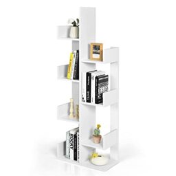 CASART 8-Tier Tree-Shaped Bookshelf, Freestanding Bookcase with Anti-toppling Device and Side Panel, Floor Standing Display Shelf Organizer for Living Room, Study Room, Home & Office (White)