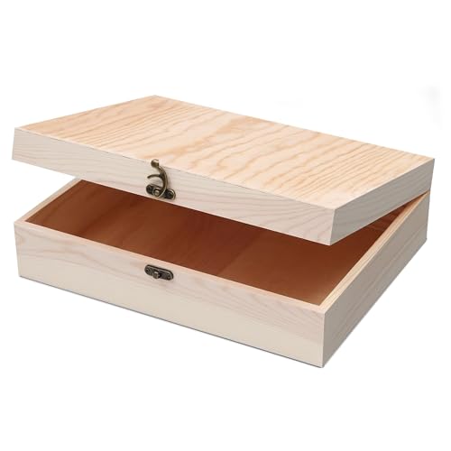 "VIKOS Products Unfinished Wooden Box with Hinged Lid for Crafts DIY Storage Jewelry Pine Box - 12"" x 9"" x 3.35"""